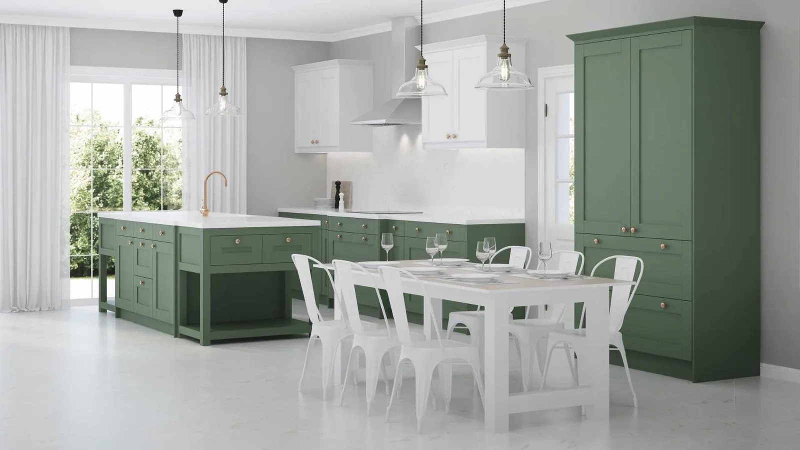 Kitchen and dining area in green with a French door