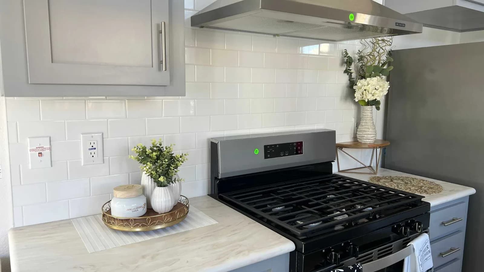 kitchen gas stove with hood in Backyard Tiny House
