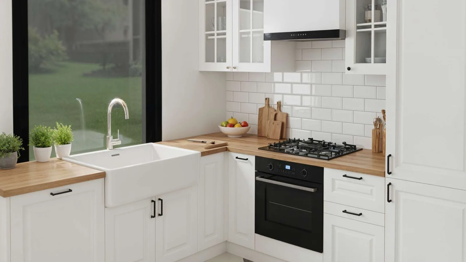 kitchen with farmhouse sink in 400 square feet ADU