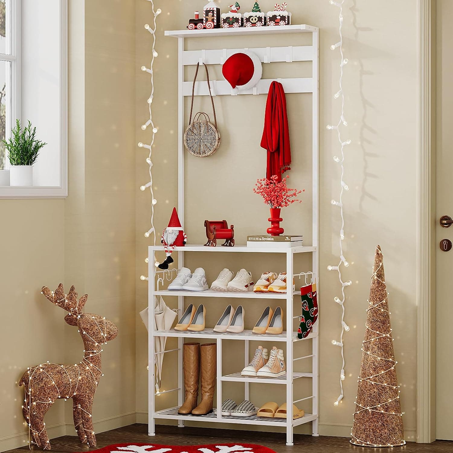 large entryway hall tree with rack shelves