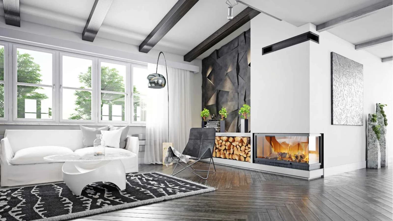 living room with wood fireplace
