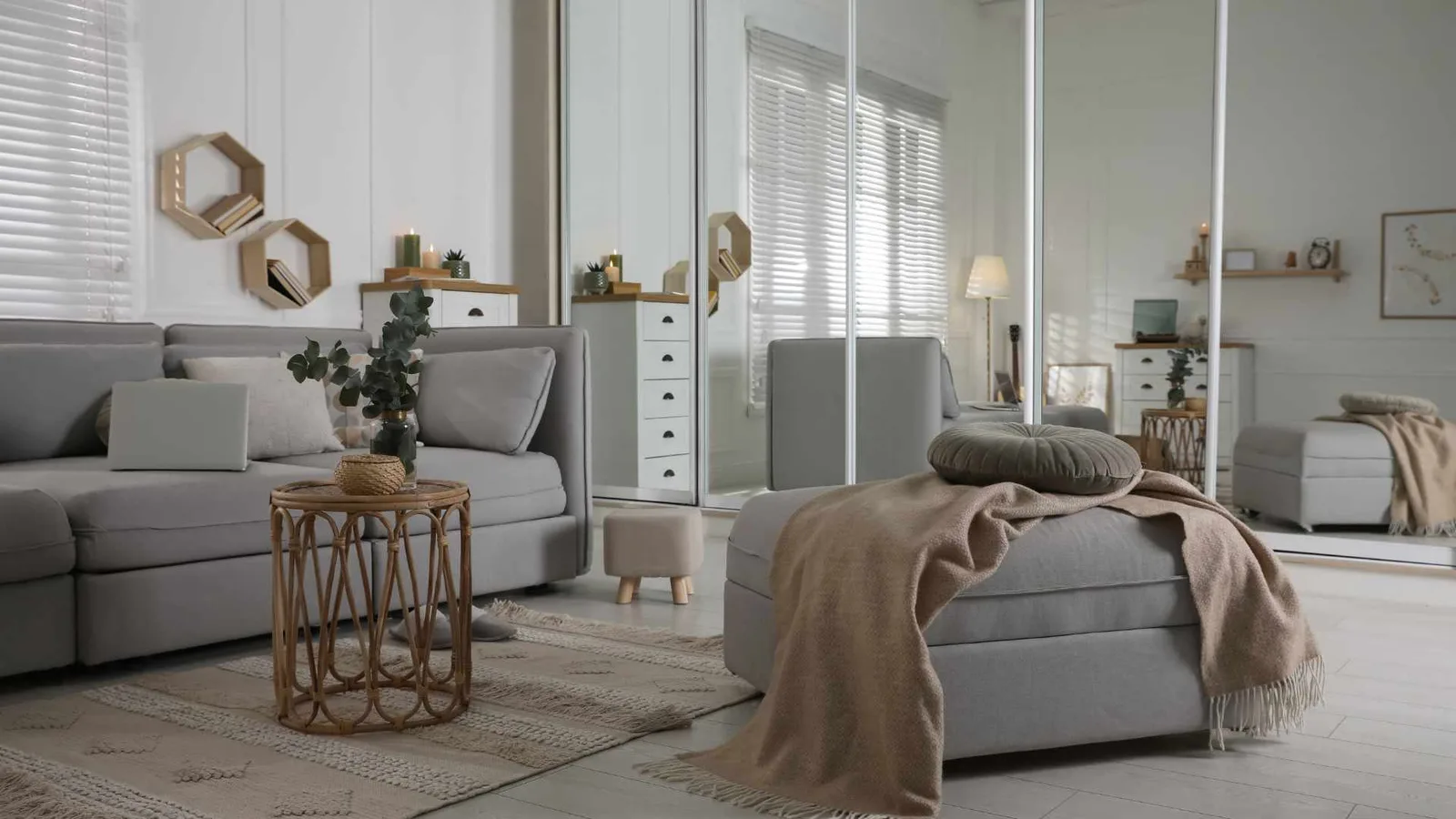 Cottage interior with mirror doors that maximize light