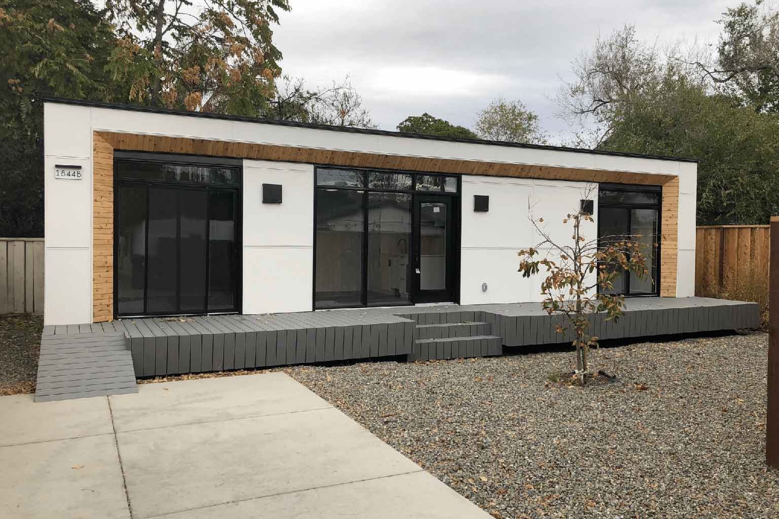 Completed modular ADU in a backyard