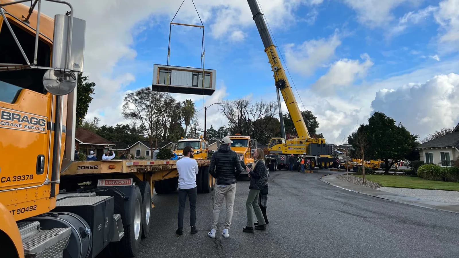 One-bedroom modular ADU on a crane