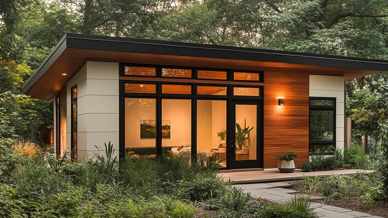 Unidad de Vivienda Accesoria Prefabricada con grandes ventanas y acento de madera sobre exterior de paneles blancos