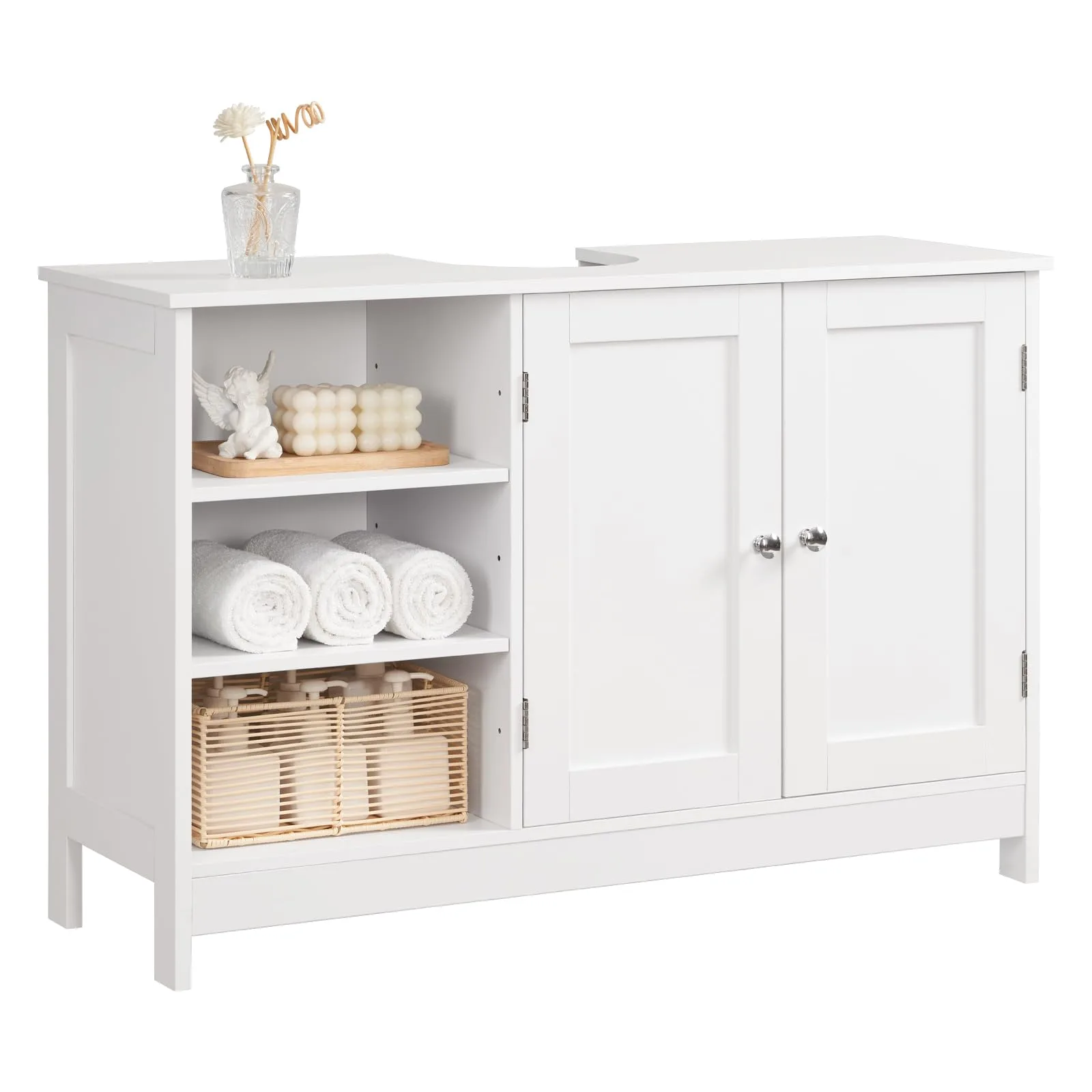 TEENFON white under-sink pedestal storage cabinet with U-shaped cutout and adjustable shelves