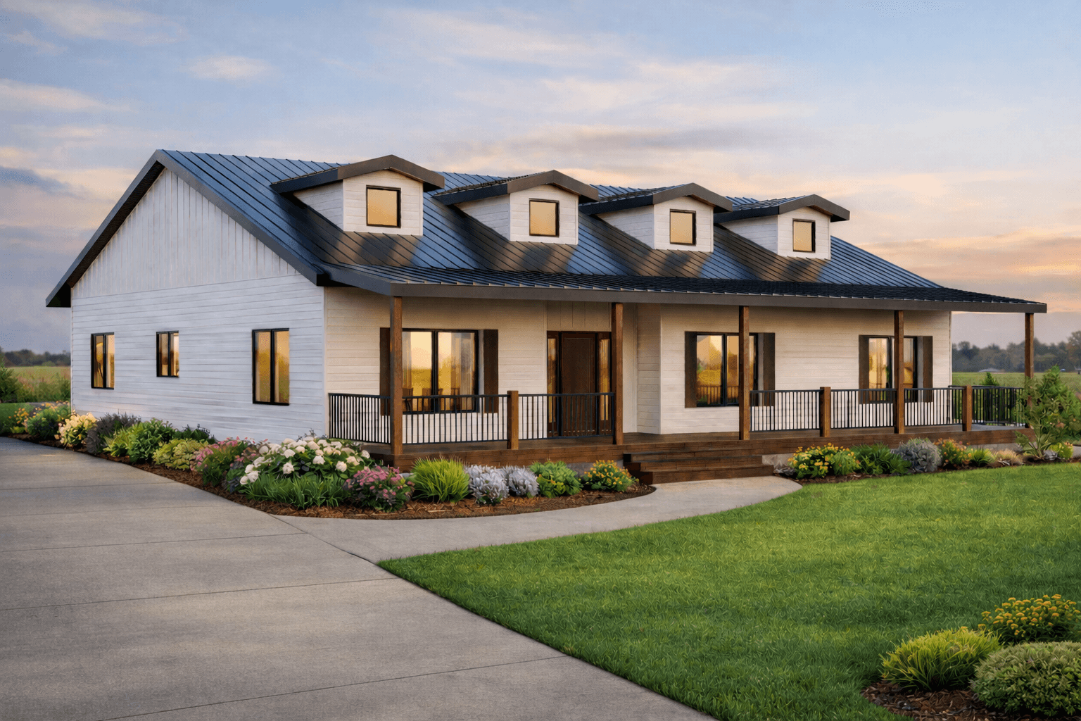 traditional two story prefab home with dorm windows