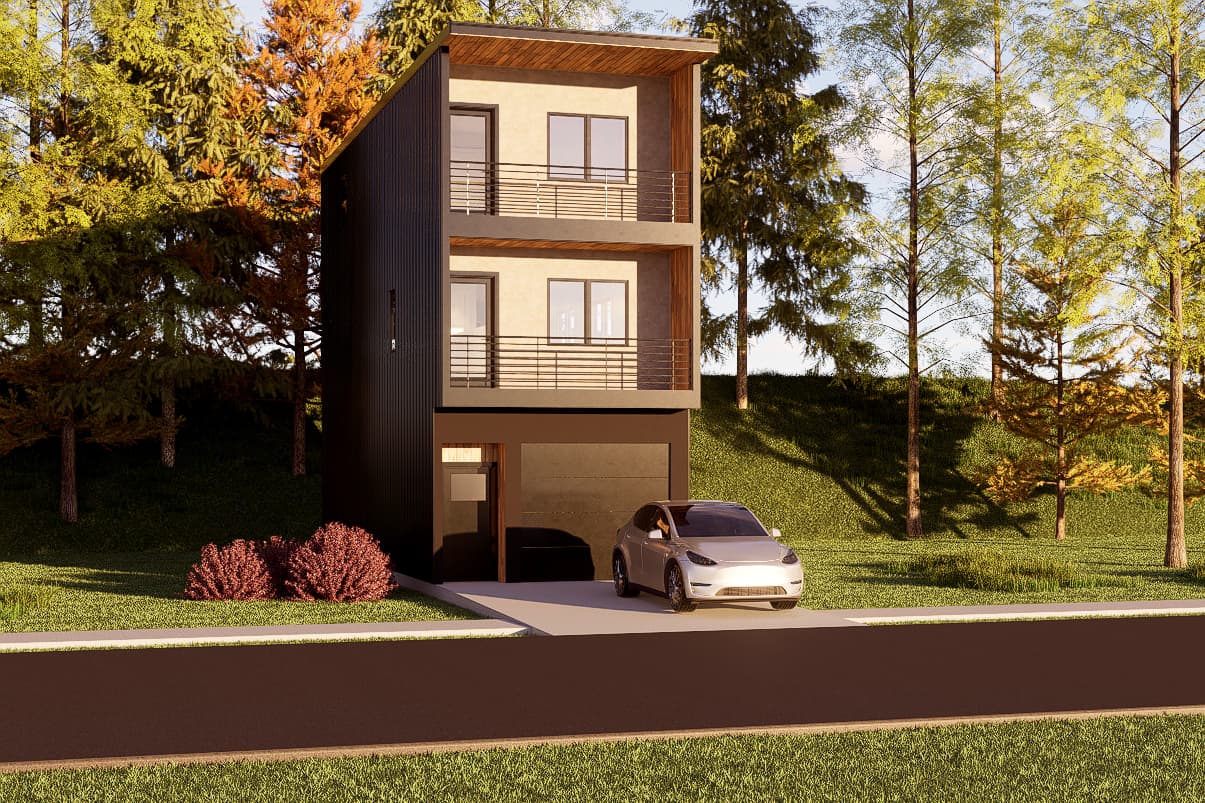 two story modular house above garage