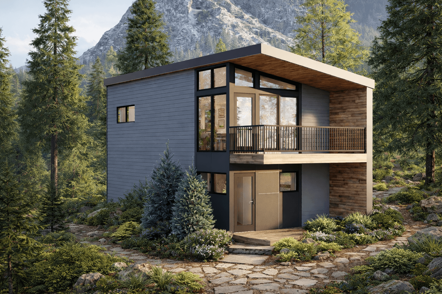 modern two story modular house with dark grey siding