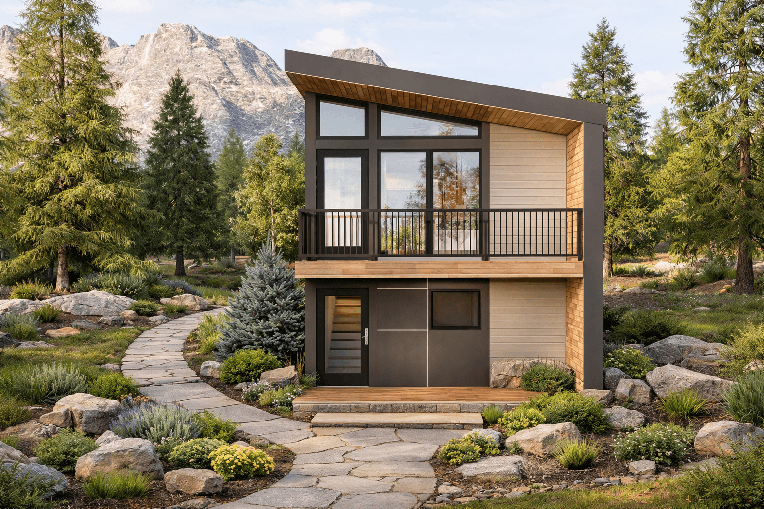 modern two story modular house with low slope flat roof and floor to ceiling windows