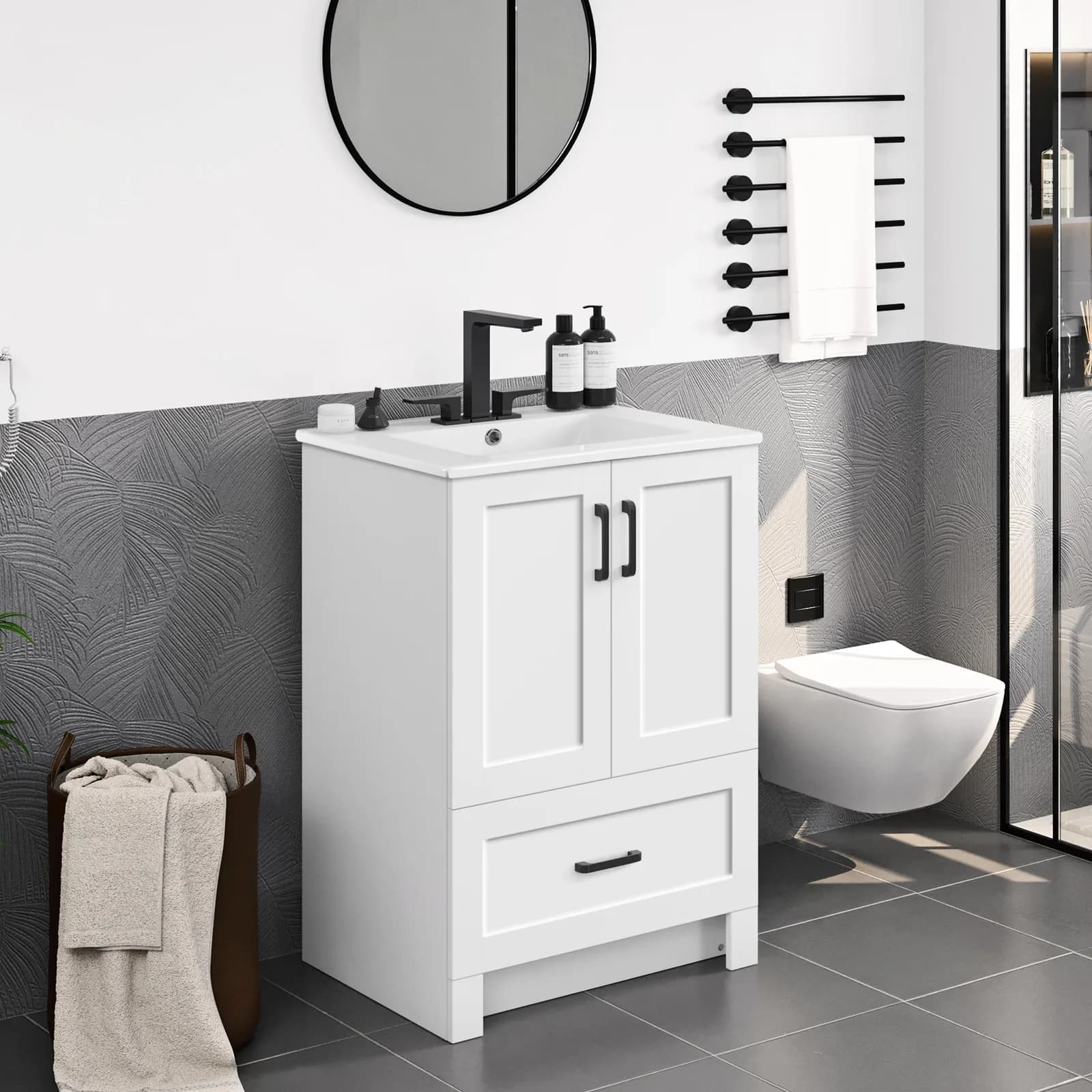 Yaheetech 24.5" small white bathroom vanity with ceramic undermount sink and soft-close doors